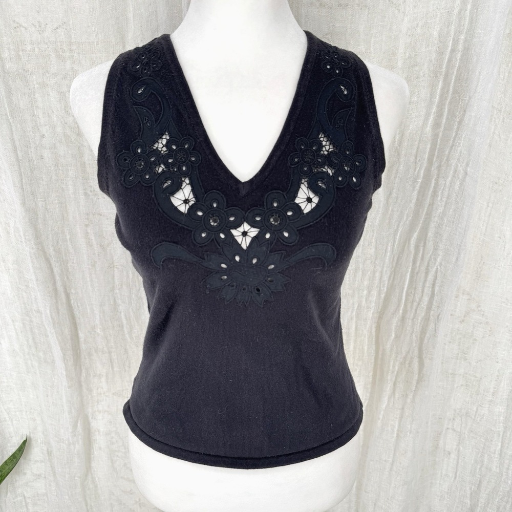 Vintage 90s Knit Tank Top S Whimsigoth Dark Cottage Romantic Indie Boho Cut Out